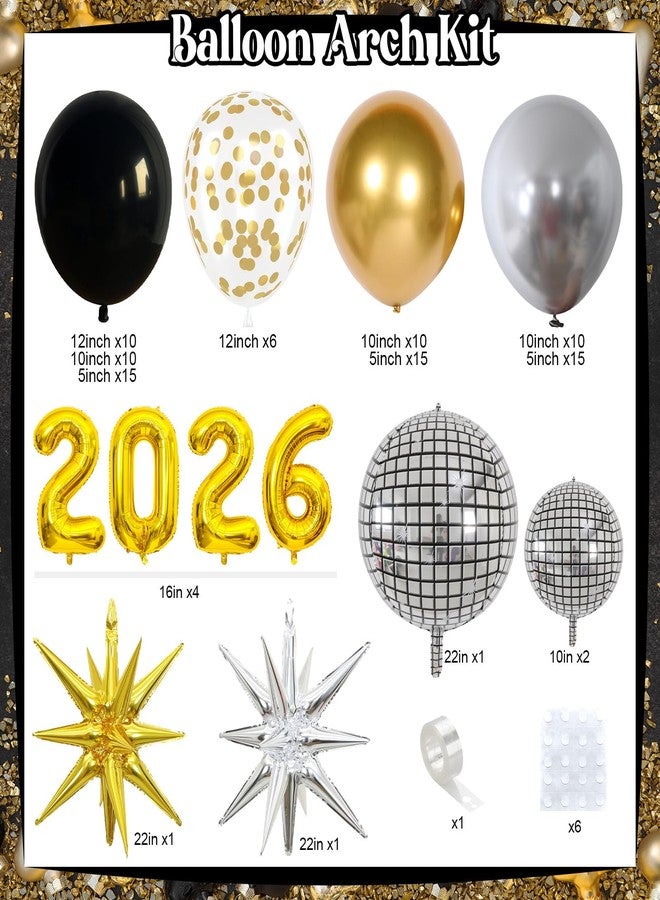 Froova 2026 Black and Gold Balloon Garland Arch Kit, Black Gold Silver Graduation Balloon Arch 2026 Graduation Decorations Disco Star Balloons for Grad Celebrations New Year Birthday Party Decorations - Image 2